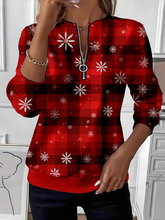Women Plaid Crew Neck Printing Casual Spring/Fall Long Sleeve Sweatshirt