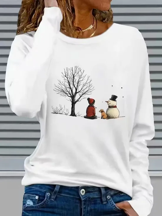 Women Christmas Snowman Long Sleeve Tee T-shirt Crew Neck Printing Casual Spring/Fall Graphic Tee Top