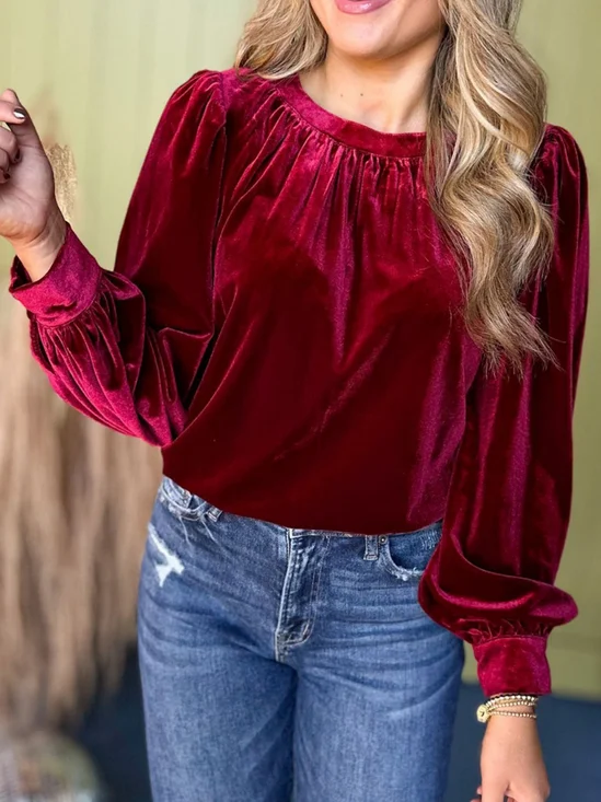 Women Plain Long Sleeve Shirt Spring/Fall Gathered Crew Neck Puff Sleeve Daily Casual Top