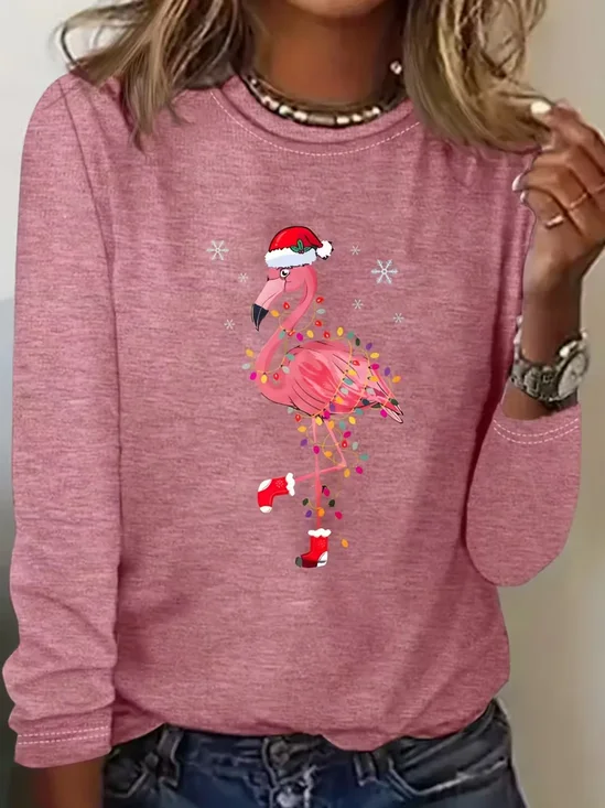Women Flamingo Long Sleeve Tee T-shirt Crew Neck Printing Casual Spring/Fall Graphic Tee Top