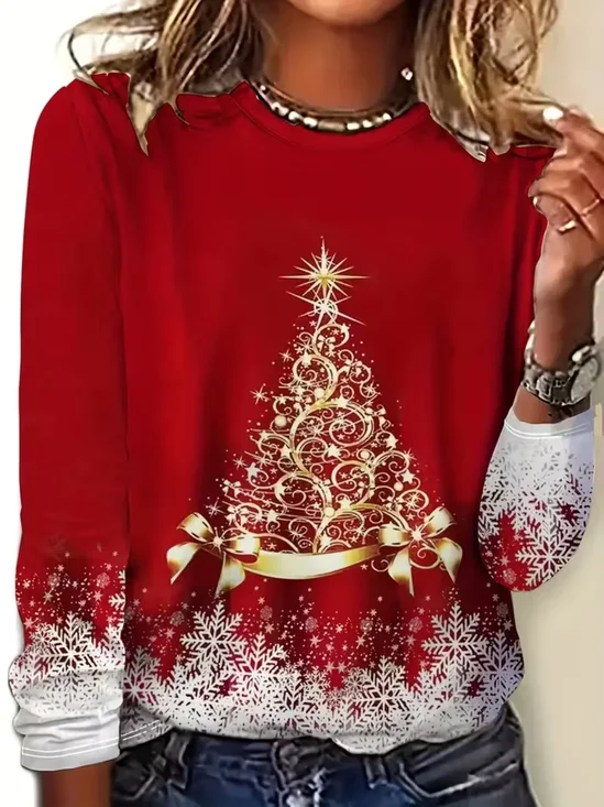 Women Christmas Long Sleeve Tee T-shirt Crew Neck Printing Casual Spring/Fall Graphic Tee Top