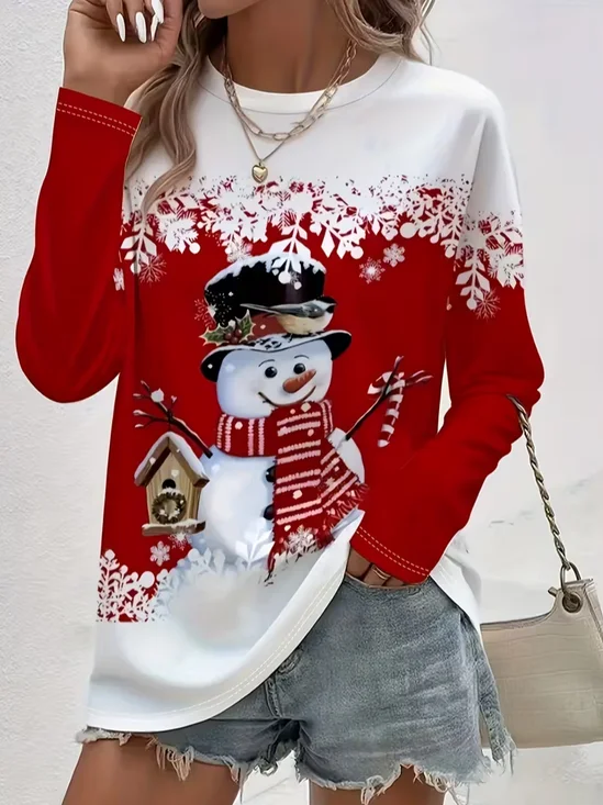 Women Christmas Snowman Long Sleeve Tee T-shirt Crew Neck Printing Casual Spring/Fall Graphic Tee Top
