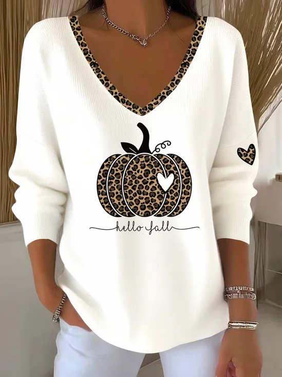Women Leopard Long Sleeve Tee T-shirt V Neck Printing Casual Spring/Fall Top