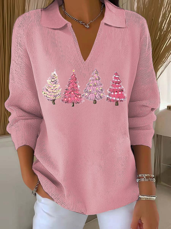 Women Christmas Printing Spring/Fall Casual Long Sleeve Shawl Collar Sweater