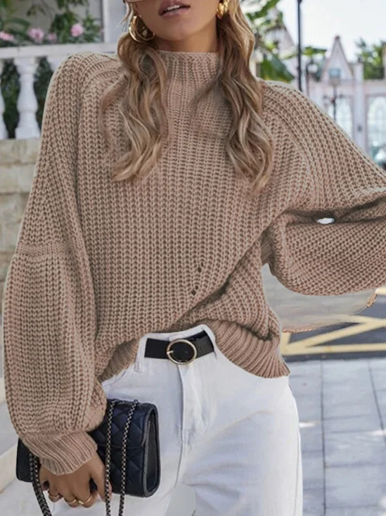 Women Plain Split Joint Winter Street Long Sleeve Mock Neck Sweater