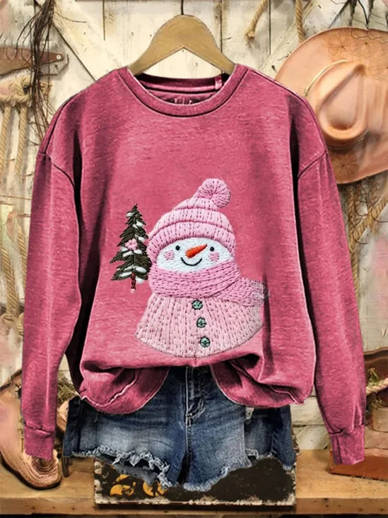 Women Christmas Snowman Crew Neck Printing Casual Spring/Fall Long Sleeve Sweatshirt