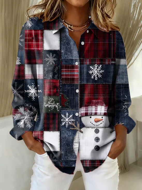 Women Christmas Snowman Long Sleeve Shirt Spring/Fall Buckle Shirt Collar Regular Sleeve Daily Casual Top