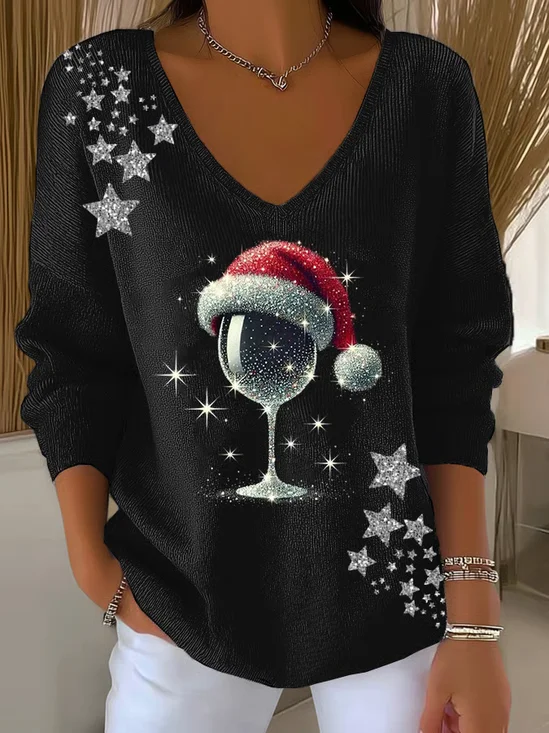 Women Christmas Long Sleeve Tee T-shirt V Neck Printing Casual Spring/Fall Top