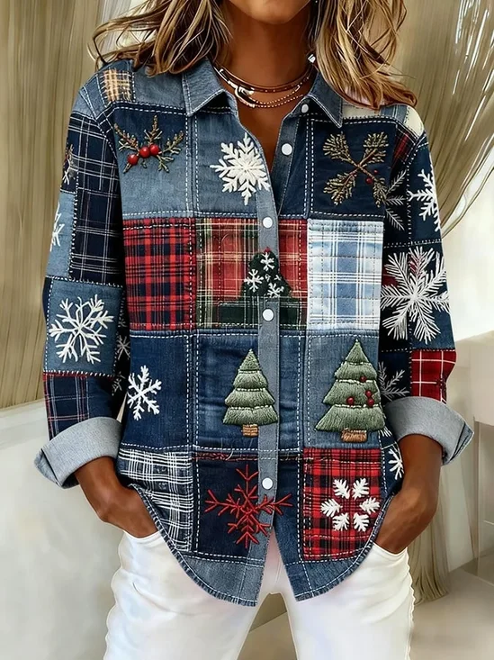 Women Christmas Long Sleeve Shirt Spring/Fall Buckle Shirt Collar Regular Sleeve Daily Casual Top
