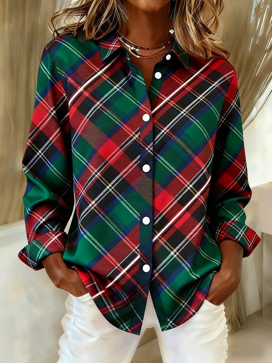 Women Plaid Long Sleeve Shirt Spring/Fall Buckle Shirt Collar Regular Sleeve Daily Casual Top