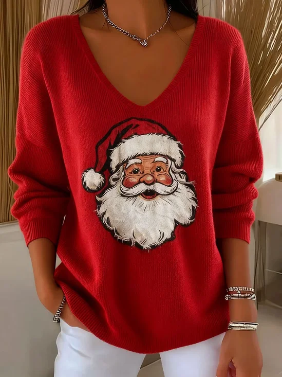 Women Santa Claus Long Sleeve Tee T-shirt V Neck Printing Casual Spring/Fall Top