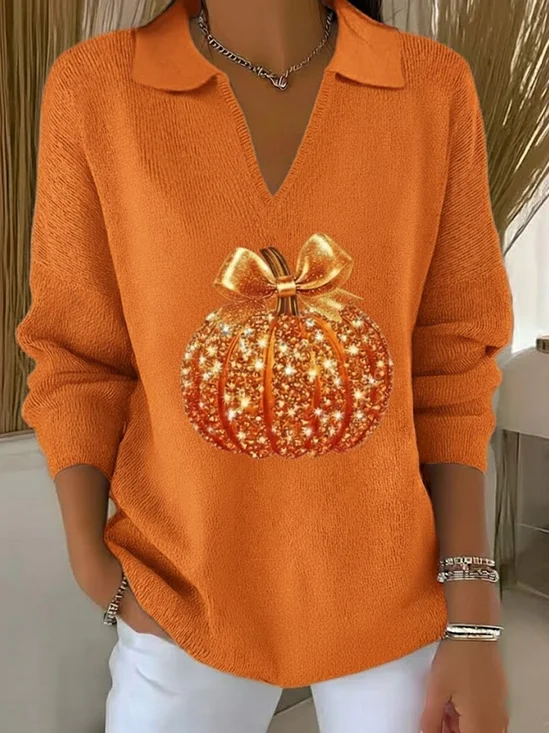 Women Halloween (pumpkin) Printing Spring/Fall Casual Long Sleeve Shawl Collar Sweater