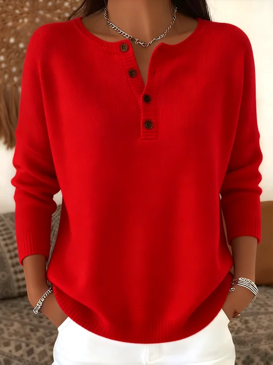 Women Plain Spring/Fall Casual Long Sleeve Henley Collar Cotton Sweater