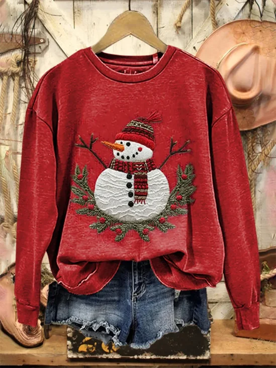 Women Christmas Snowman Crew Neck Printing Casual Spring/Fall Long Sleeve Sweatshirt