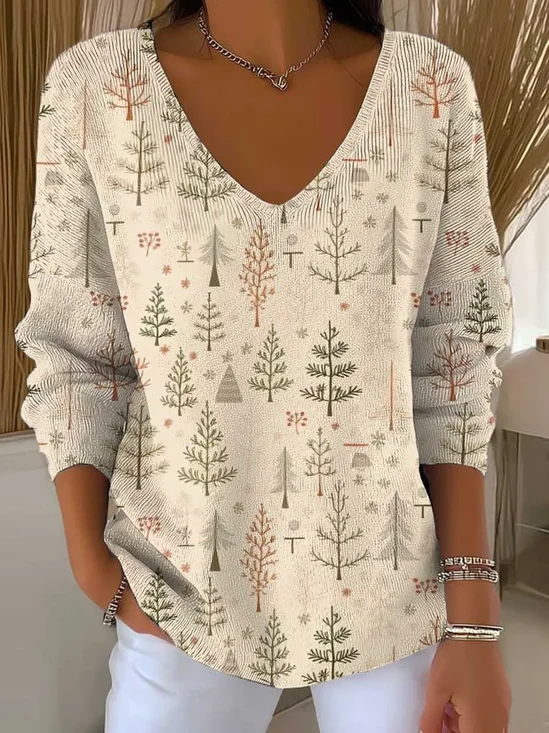 Women Christmas Long Sleeve Tee T-shirt V Neck Printing Casual Spring/Fall Top