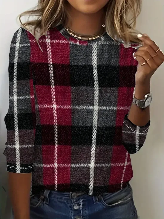 Women Plaid Long Sleeve Tee T-shirt Crew Neck Printing Casual Spring/Fall Graphic Tee Top