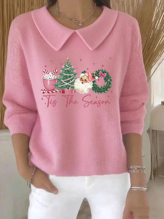 Women Santa Claus Printing Spring/Fall Casual Long Sleeve Shawl Collar Sweater