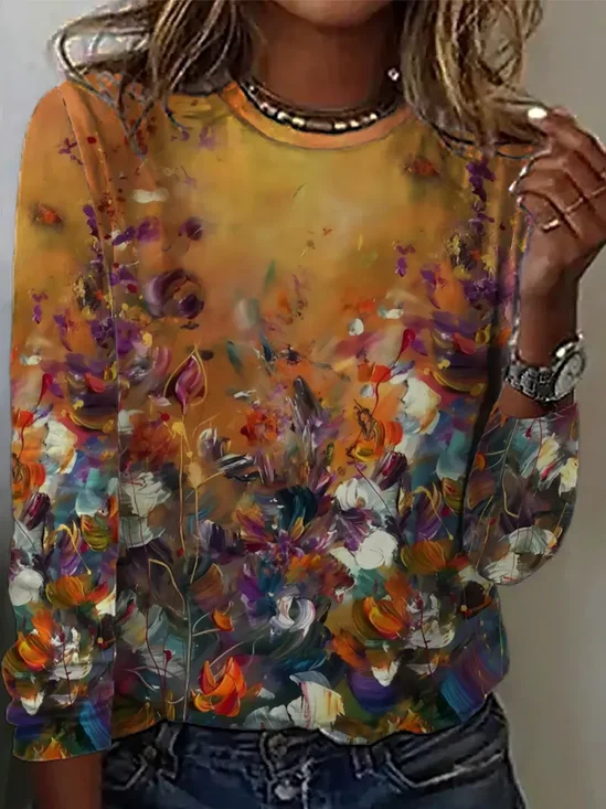 Women Floral Long Sleeve Tee T-shirt Crew Neck Printing Casual Spring/Fall Graphic Tee Top