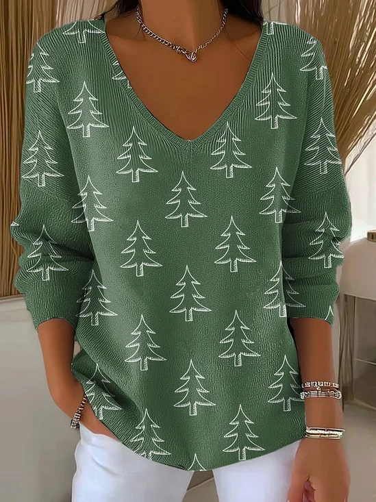 Women Christmas Long Sleeve Tee T-shirt V Neck Printing Casual Spring/Fall Top