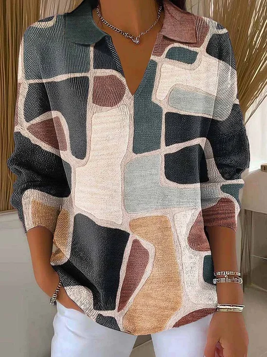 Women Abstract Printing Spring/Fall Casual Long Sleeve Shawl Collar Sweater