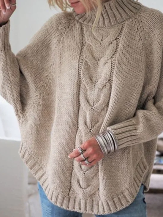 Women Plain Jacquard Winter Street Dolman Sleeve Long Sleeve Mock Neck Sweater