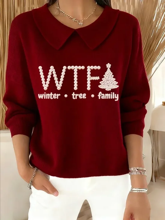 Women Christmas Printing Spring/Fall Casual Long Sleeve Shawl Collar Sweater