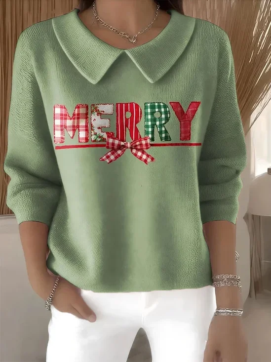Women Christmas Printing Spring/Fall Casual Long Sleeve Shawl Collar Sweater