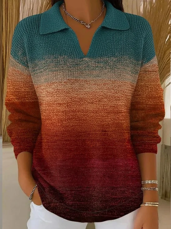 Women Abstract Printing Spring/Fall Casual Long Sleeve Shawl Collar Sweater