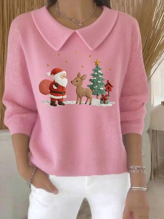 Women Santa Claus Printing Spring/Fall Casual Long Sleeve Shawl Collar Sweater