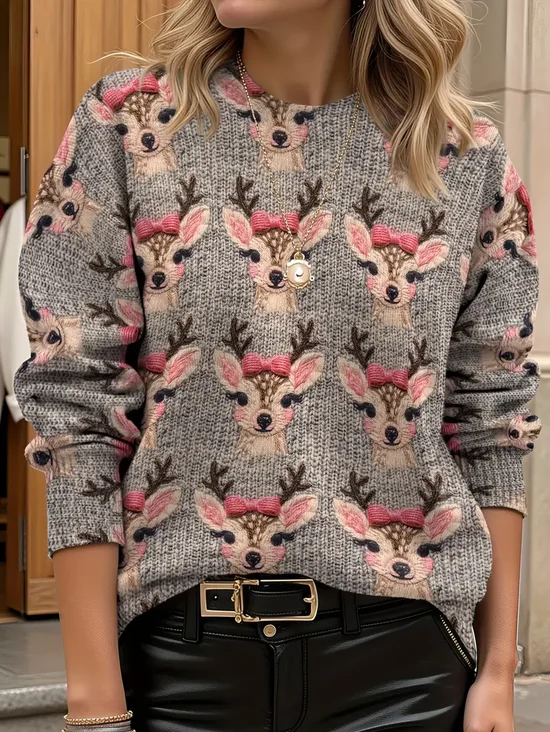 Women Christmas Printing Spring/Fall Casual Long Sleeve Crew Neck Sweater