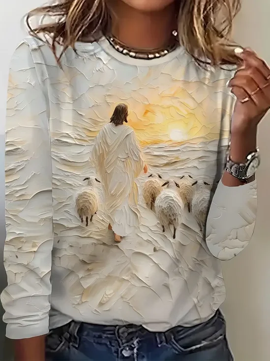 Women Jesus Copy Long Sleeve Tee T-shirt Crew Neck Printing Casual Spring/Fall Graphic Tee Top