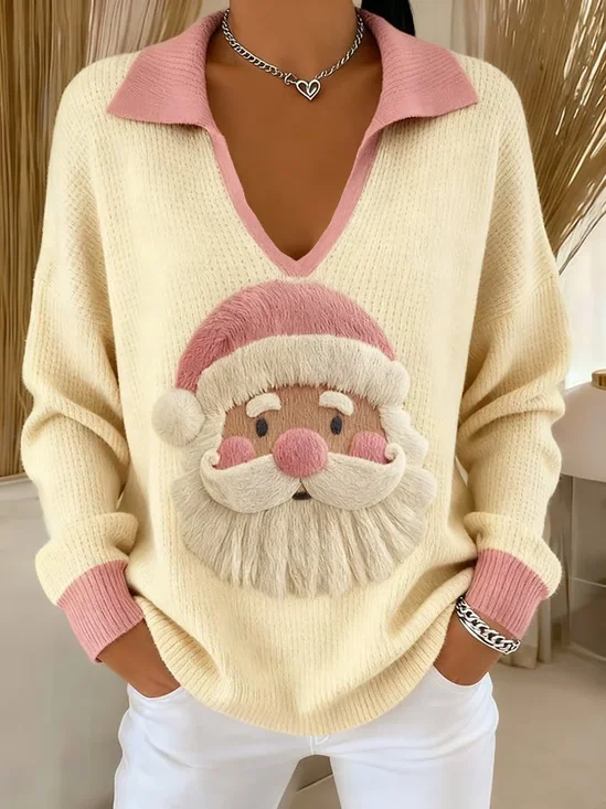 Women Santa Claus Printing Spring/Fall Casual Long Sleeve Shawl Collar Sweater