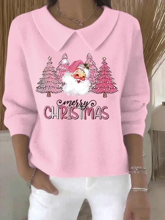 Women Santa Claus Printing Spring/Fall Casual Long Sleeve Shawl Collar Sweater