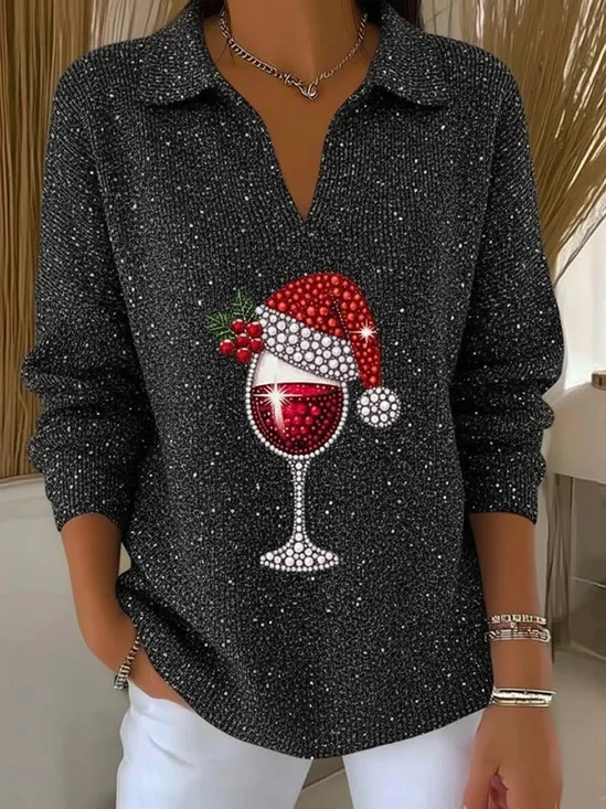 Women Christmas Printing Spring/Fall Casual Long Sleeve Shawl Collar Sweater