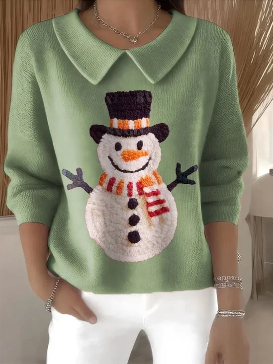 Women Christmas Snowman Printing Spring/Fall Casual Long Sleeve Shawl Collar Sweater