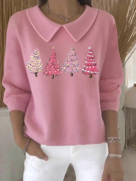 Women Christmas Printing Spring/Fall Casual Long Sleeve Shawl Collar Sweater