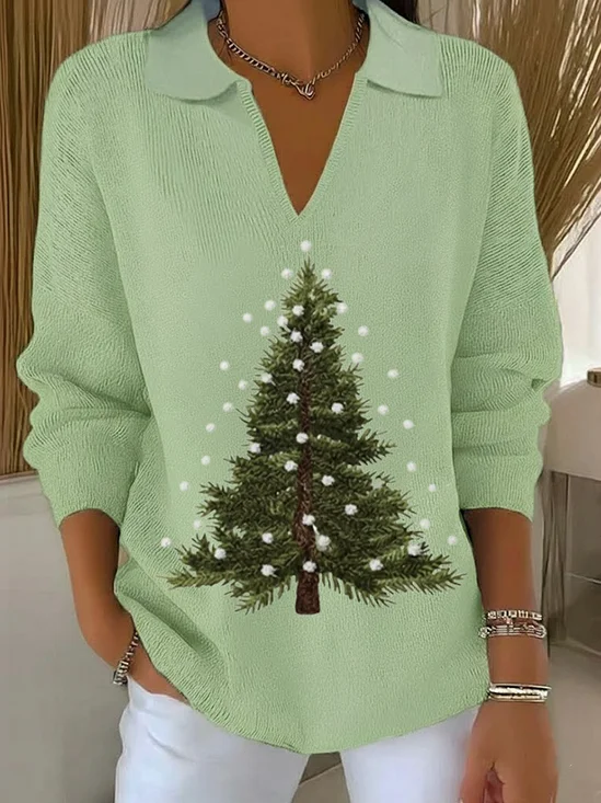 Women Christmas Printing Spring/Fall Casual Long Sleeve Shawl Collar Sweater