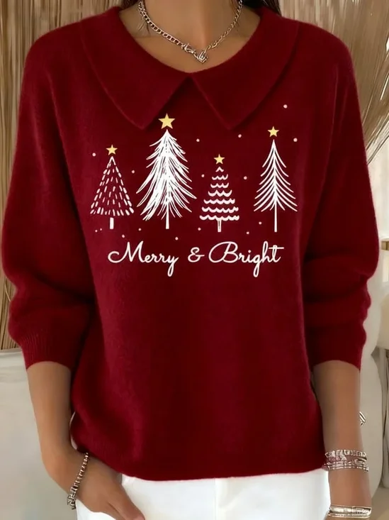 Women Christmas Printing Spring/Fall Casual Long Sleeve Shawl Collar Sweater