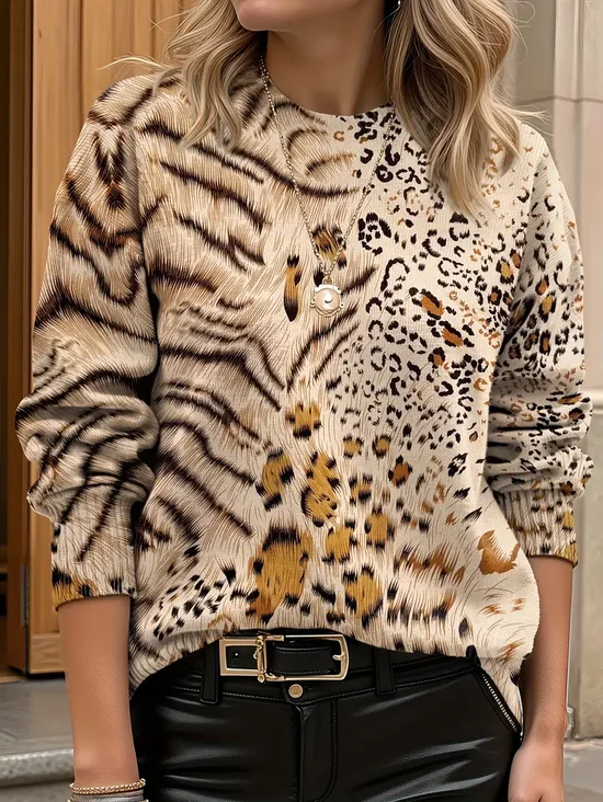 Women Leopard Printing Spring/Fall Casual Long Sleeve Crew Neck Sweater