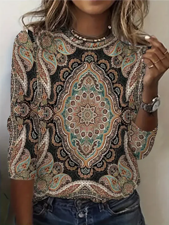Women Ethnic Long Sleeve Tee T-shirt Crew Neck Printing Casual Spring/Fall Graphic Tee Top