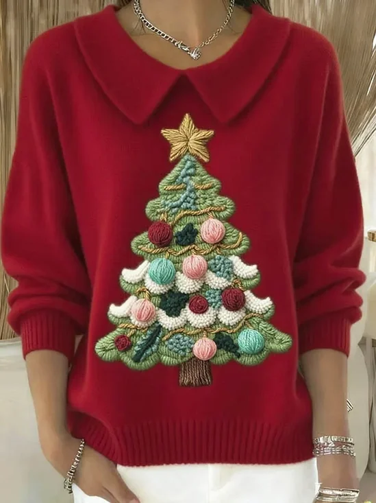 Women Christmas Printing Spring/Fall Casual Long Sleeve Shawl Collar Sweater