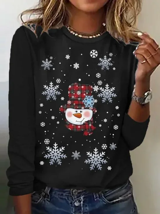 Women Christmas Snowman Long Sleeve Tee T-shirt Crew Neck Printing Casual Spring/Fall Graphic Tee Top