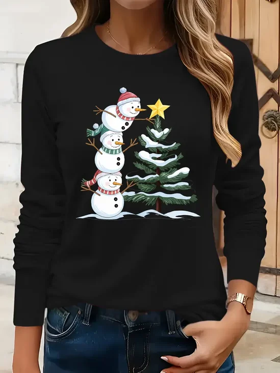 Women Christmas Snowman Long Sleeve Tee T-shirt Crew Neck Printing Casual Spring/Fall Graphic Tee Top