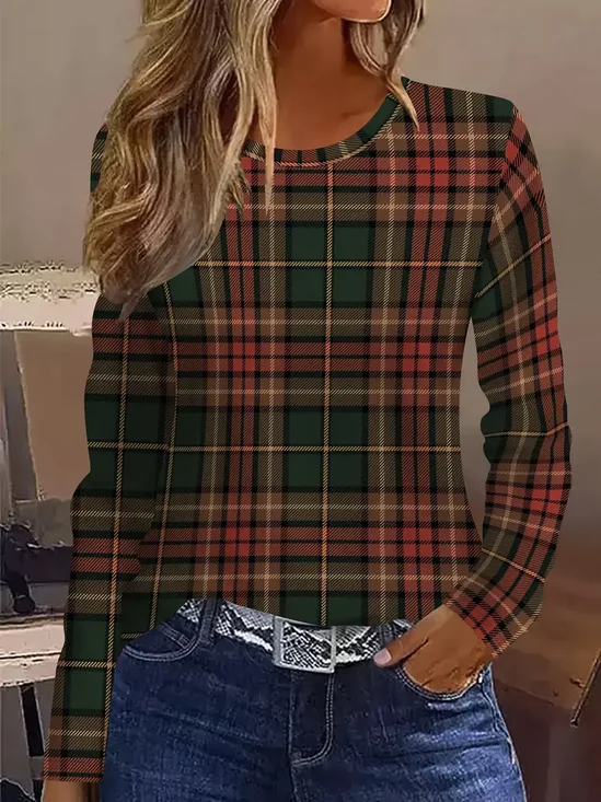 Women Plaid Long Sleeve Tee T-shirt Crew Neck Printing Casual Spring/Fall Graphic Tee Top