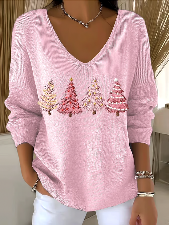 Women Plants Spring/Fall Casual Long Sleeve V Neck Cotton Sweater