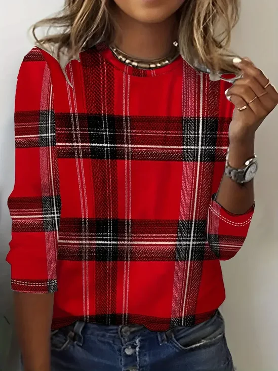 Women Plaid Long Sleeve Tee T-shirt Crew Neck Printing Casual Spring/Fall Graphic Tee Top