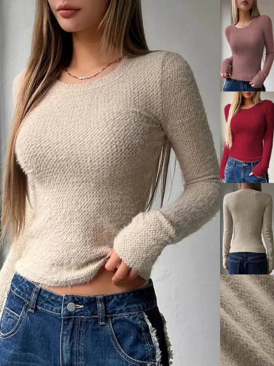 Women Plain Long Sleeve Tee T-shirt Crew Neck Split Joint Casual Spring/Fall Top