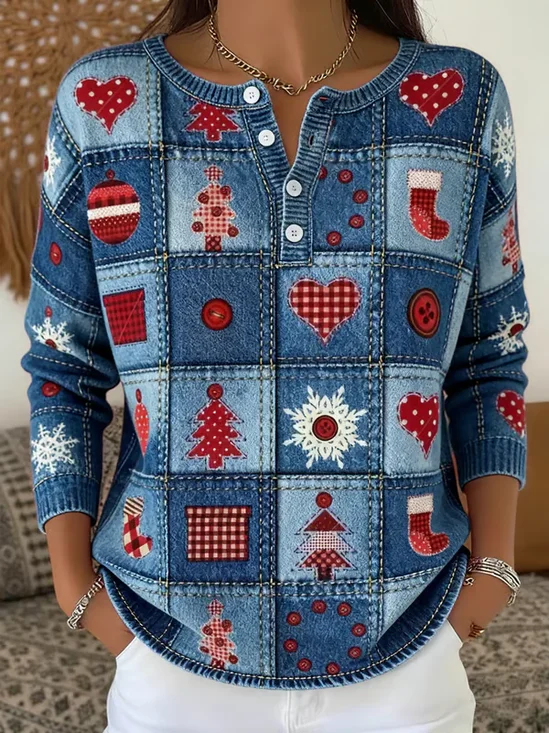 Women Christmas Printing Spring/Fall Casual Long Sleeve Crew Neck Sweater