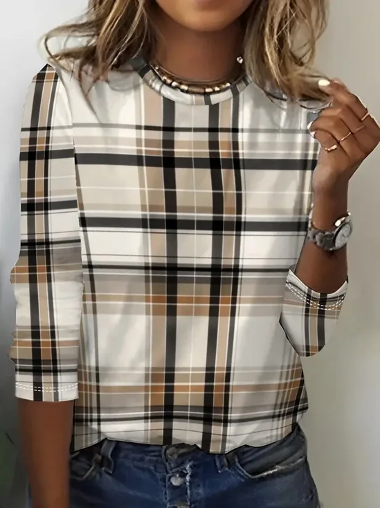 Women Plaid Long Sleeve Tee T-shirt Crew Neck Printing Casual Spring/Fall Graphic Tee Top