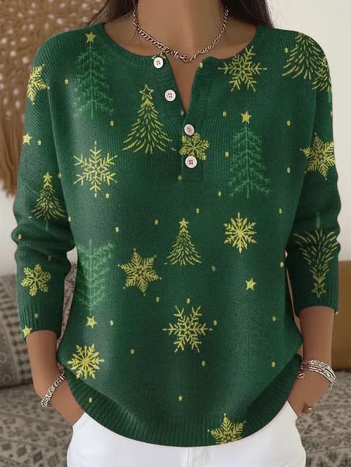 Women Christmas Printing Spring/Fall Casual Long Sleeve Crew Neck Sweater